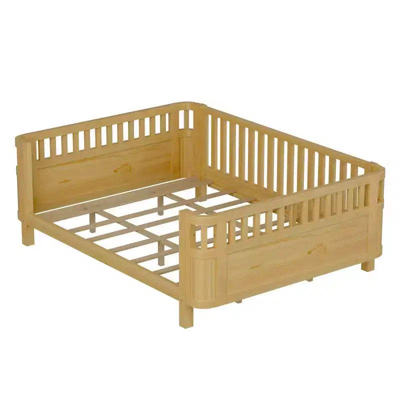 Whisen Queen Size Wood Platform Bed Frame, Wood Low Profile Queen Bed with Rails and Fence Guardrails for Girls and Boys
