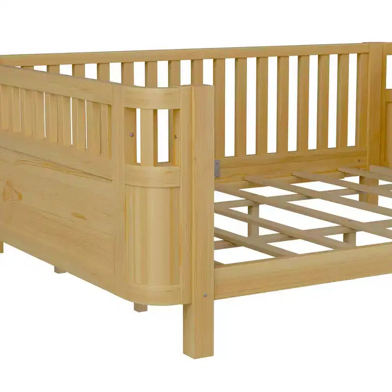 Whisen Queen Size Wood Platform Bed Frame, Wood Low Profile Queen Bed with Rails and Fence Guardrails for Girls and Boys