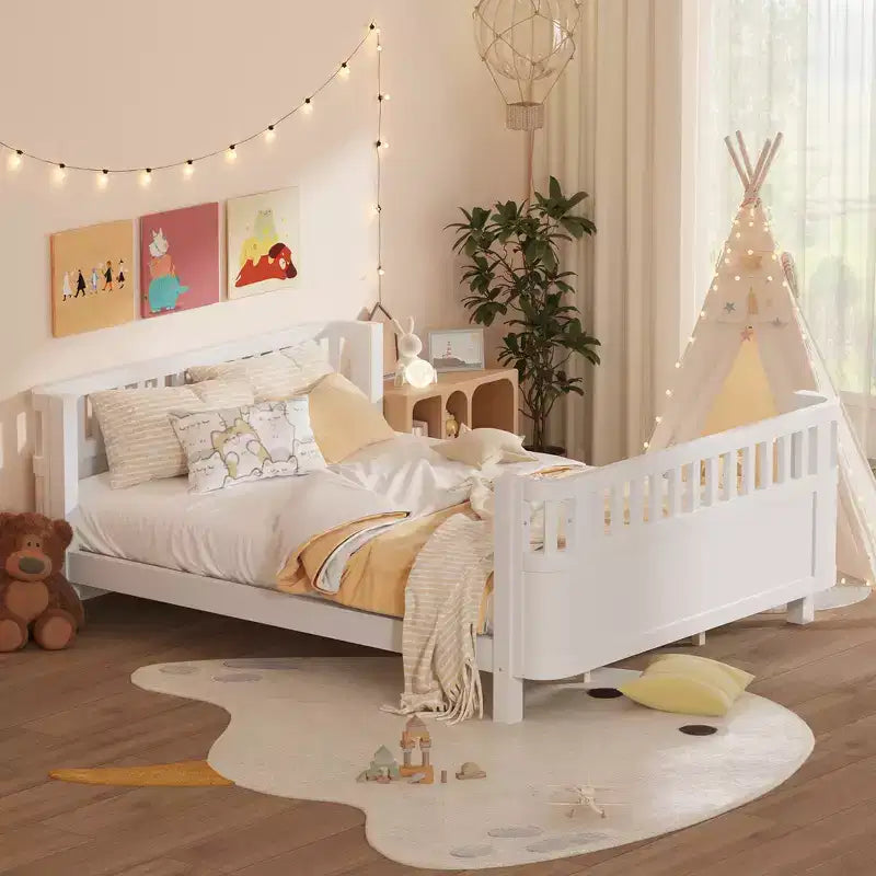 Whisen Queen Size Wood Platform Bed Frame, Wood Low Profile Queen Bed with Rails and Fence Guardrails for Girls and Boys