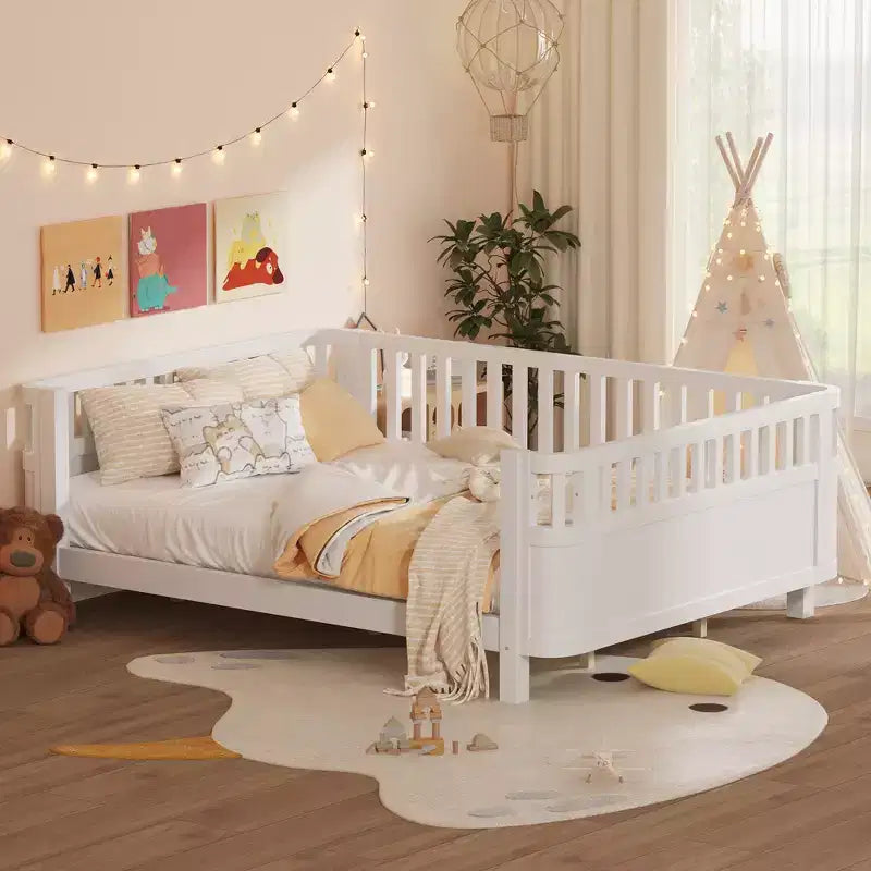 Whisen Queen Size Wood Platform Bed Frame, Wood Low Profile Queen Bed with Rails and Fence Guardrails for Girls and Boys