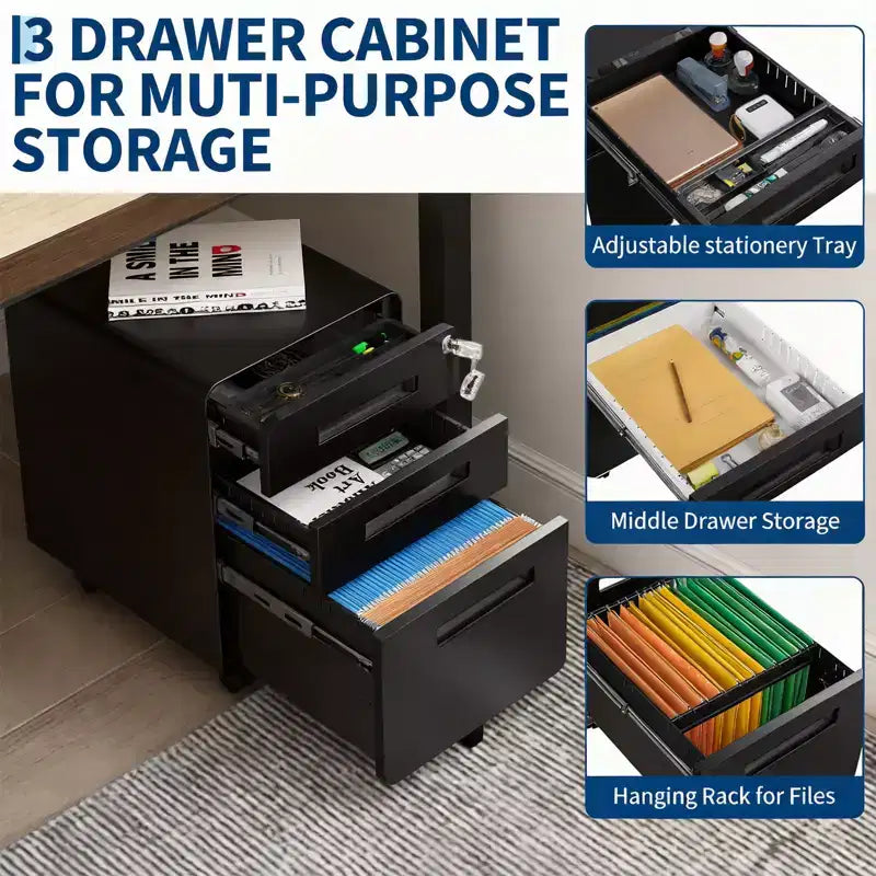 3 Drawer Metal File Cabinet with Lock, Under Desk Storage Organizer, Mobile Under Desk Storage on 5 Wheels, for Home, Office