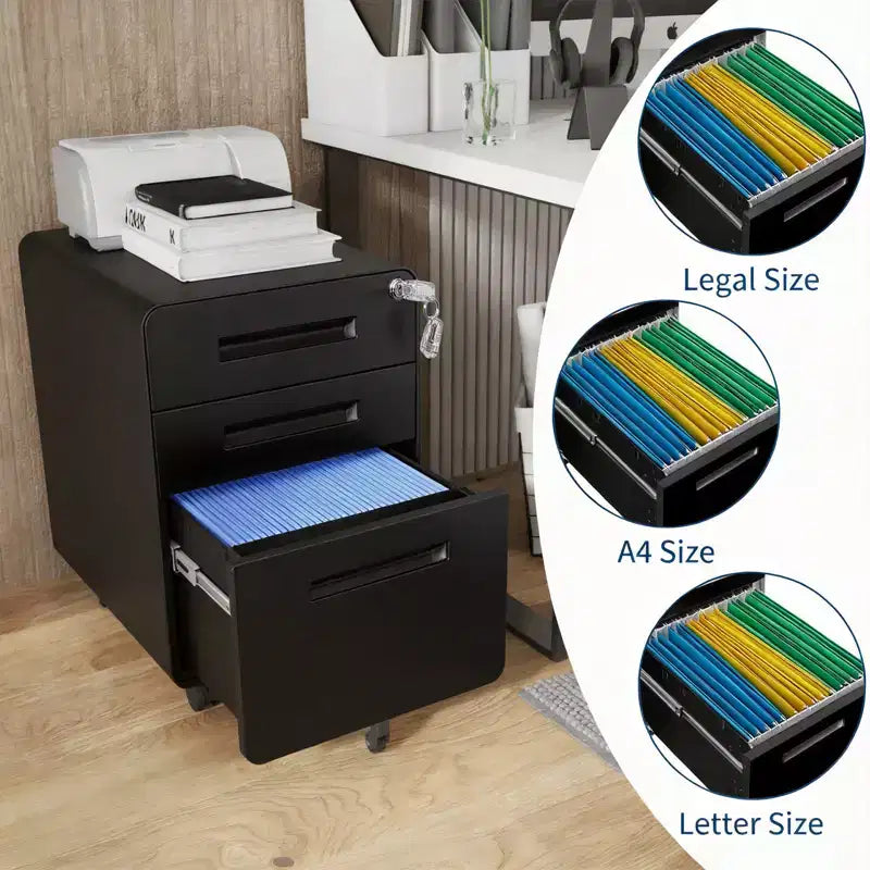 3 Drawer Metal File Cabinet with Lock, Under Desk Storage Organizer, Mobile Under Desk Storage on 5 Wheels, for Home, Office