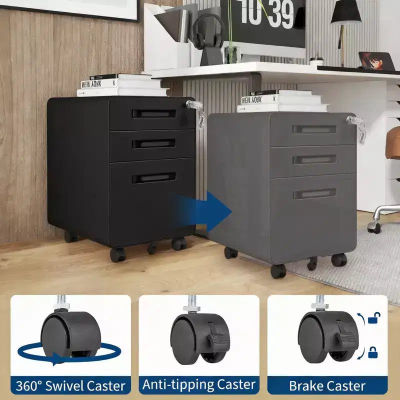 3 Drawer Metal File Cabinet with Lock, Under Desk Storage Organizer, Mobile Under Desk Storage on 5 Wheels, for Home, Office
