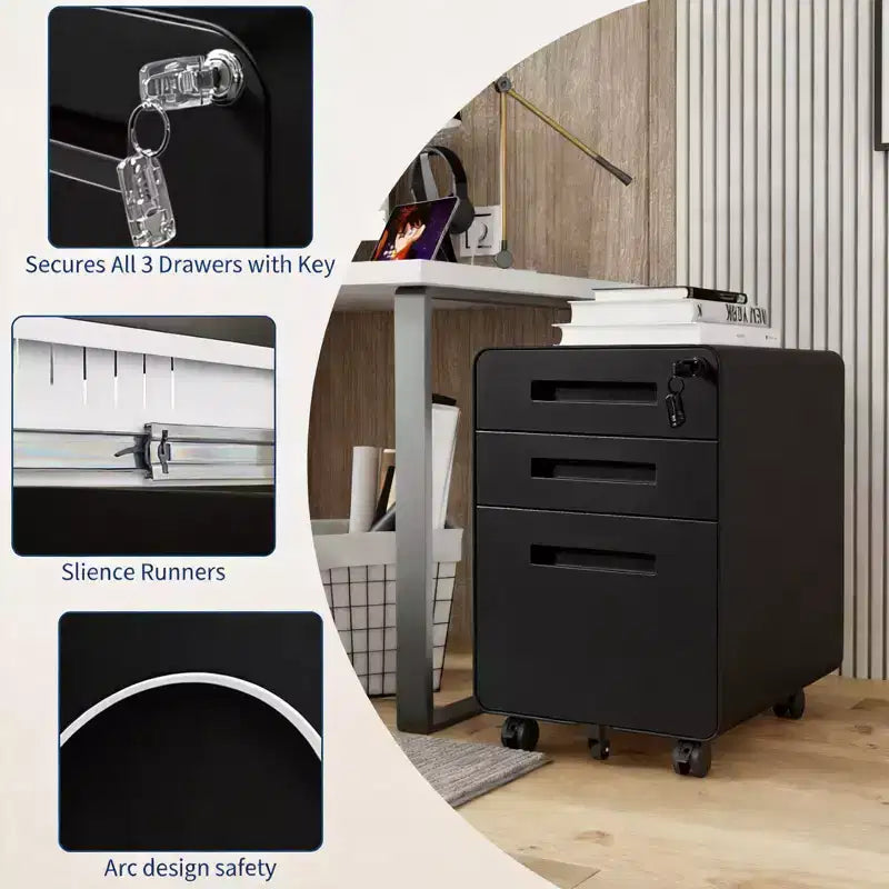 3 Drawer Metal File Cabinet with Lock, Under Desk Storage Organizer, Mobile Under Desk Storage on 5 Wheels, for Home, Office