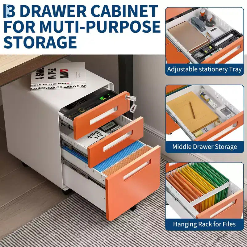 3 Drawer Metal File Cabinet with Lock, Under Desk Storage Organizer, Mobile Under Desk Storage on 5 Wheels, for Home, Office