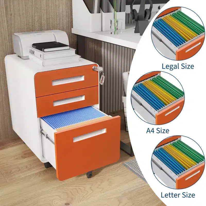 3 Drawer Metal File Cabinet with Lock, Under Desk Storage Organizer, Mobile Under Desk Storage on 5 Wheels, for Home, Office