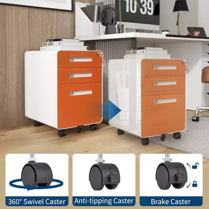 3 Drawer Metal File Cabinet with Lock, Under Desk Storage Organizer, Mobile Under Desk Storage on 5 Wheels, for Home, Office