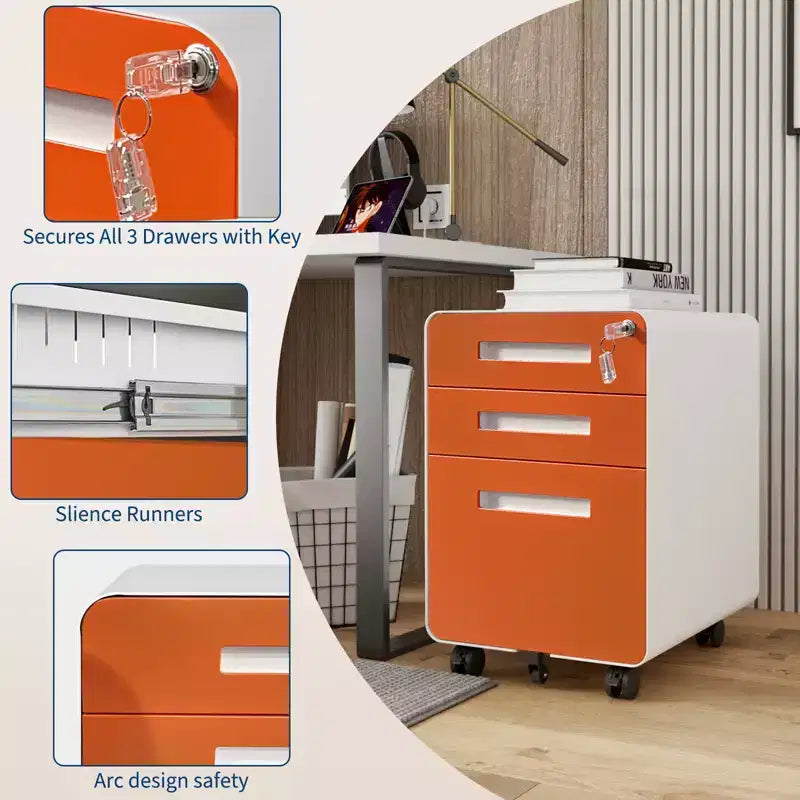 3 Drawer Metal File Cabinet with Lock, Under Desk Storage Organizer, Mobile Under Desk Storage on 5 Wheels, for Home, Office