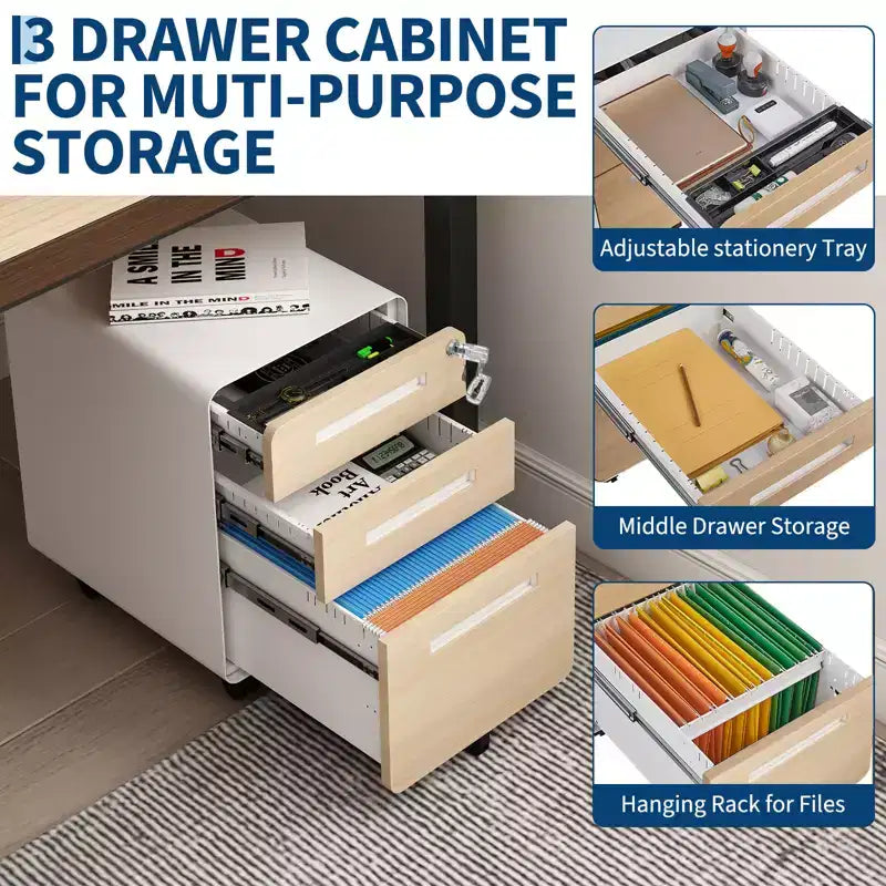 3 Drawer Metal File Cabinet with Lock, Under Desk Storage Organizer, Mobile Under Desk Storage on 5 Wheels, for Home, Office