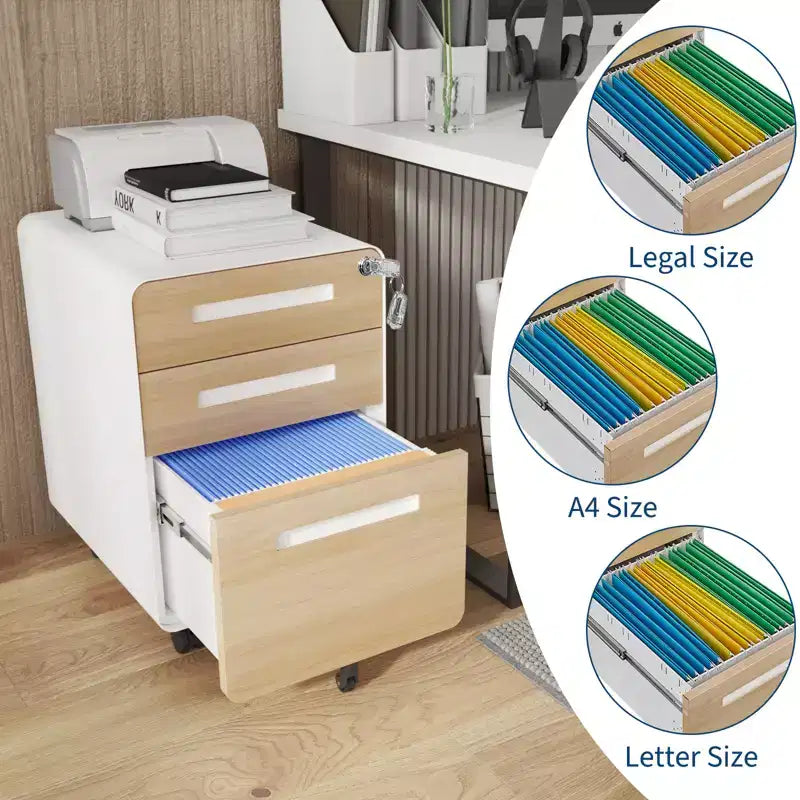 3 Drawer Metal File Cabinet with Lock, Under Desk Storage Organizer, Mobile Under Desk Storage on 5 Wheels, for Home, Office