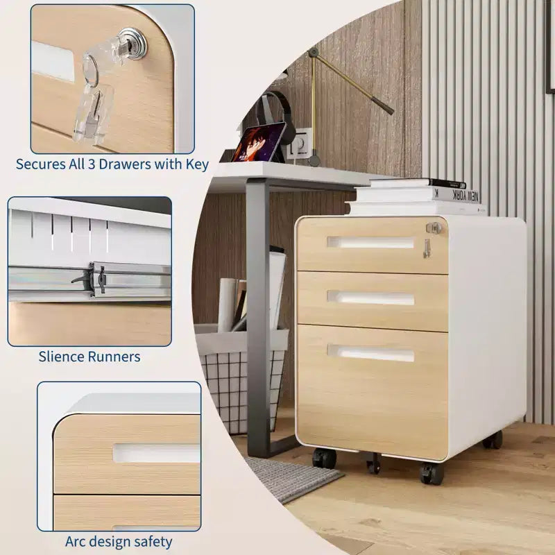 3 Drawer Metal File Cabinet with Lock, Under Desk Storage Organizer, Mobile Under Desk Storage on 5 Wheels, for Home, Office