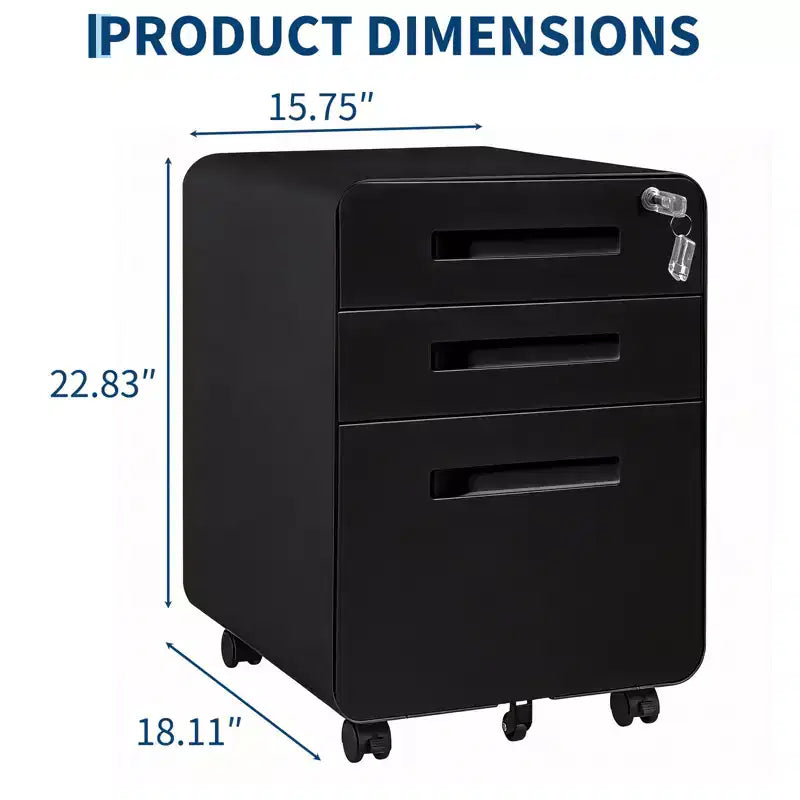 3 Drawer Metal File Cabinet with Lock, Under Desk Storage Organizer, Mobile Under Desk Storage on 5 Wheels, for Home, Office