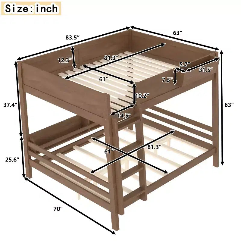 Bellemave Queen Over Queen Bunk Bed with Bookshelf Storage, Detachable Bunk Bed with Ladder and Guardrails, No Box Spring Needed