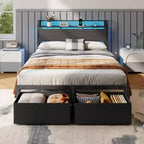 Full Size Platform Bed Frame 2 Storage Drawers Headboard LED Lights Charging Station Heavy Duty Metal Wood No Box Spring Needed Guest Bedroom USB