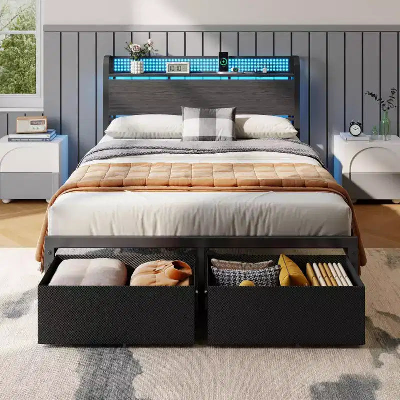 Full Size Platform Bed Frame 2 Storage Drawers Headboard LED Lights Charging Station Heavy Duty Metal Wood No Box Spring Needed Guest Bedroom USB