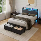 Full Size Platform Bed Frame 2 Storage Drawers Headboard LED Lights Charging Station Heavy Duty Metal Wood No Box Spring Needed Guest Bedroom USB