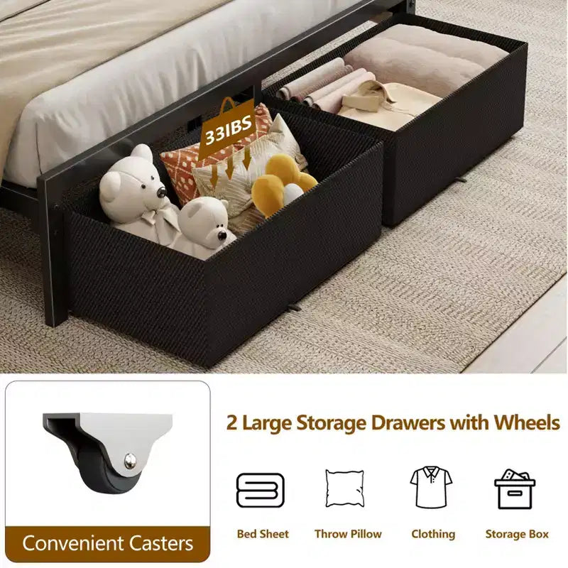 Full Size Platform Bed Frame 2 Storage Drawers Headboard LED Lights Charging Station Heavy Duty Metal Wood No Box Spring Needed Guest Bedroom USB
