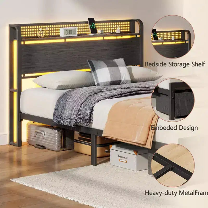 Full Size Platform Bed Frame 2 Storage Drawers Headboard LED Lights Charging Station Heavy Duty Metal Wood No Box Spring Needed Guest Bedroom USB