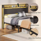 Full Size Platform Bed Frame 2 Storage Drawers Headboard LED Lights Charging Station Heavy Duty Metal Wood No Box Spring Needed Guest Bedroom USB