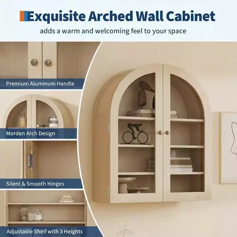 Modern Arched Wall Mounted Medicine Cabinet, Adjustable Shelves, Modern Wood Storage, for Kitchen, Living Room
