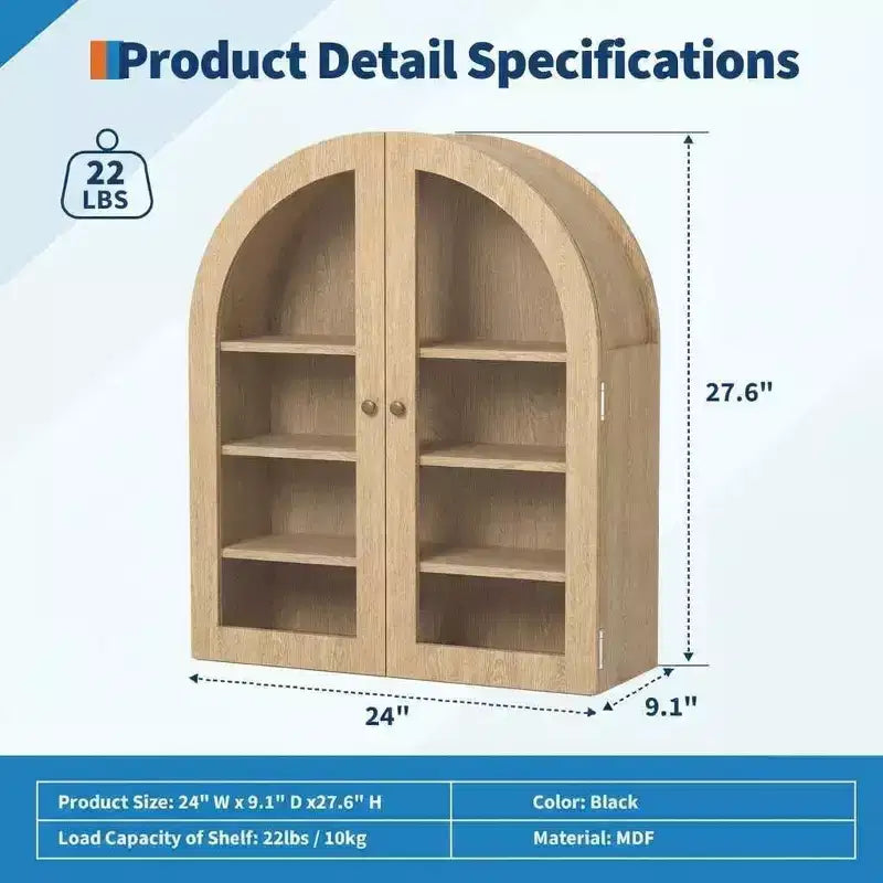 Modern Arched Wall Mounted Medicine Cabinet, Adjustable Shelves, Modern Wood Storage, for Kitchen, Living Room