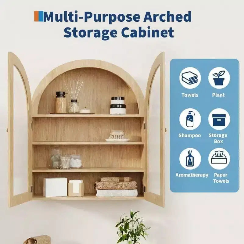 Modern Arched Wall Mounted Medicine Cabinet, Adjustable Shelves, Modern Wood Storage, for Kitchen, Living Room