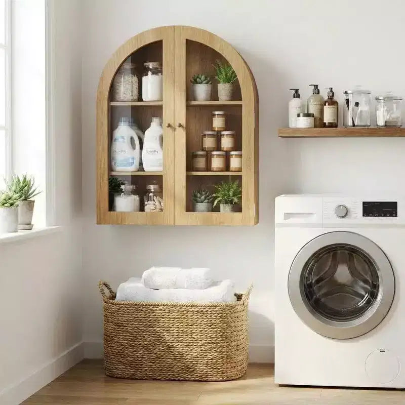 Modern Arched Wall Mounted Medicine Cabinet, Adjustable Shelves, Modern Wood Storage, for Kitchen, Living Room
