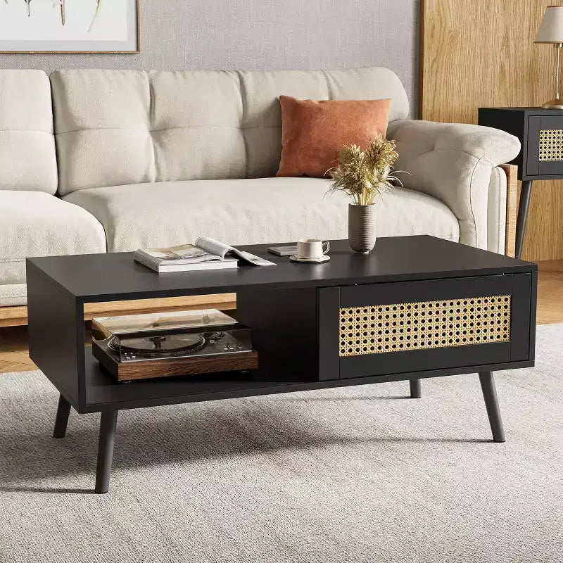 39.4 Boho Rattan Coffee Table, Modern Wooden Living Room Table with Sliding Door & Open Storage Shelf, Anti-Slip Footpads