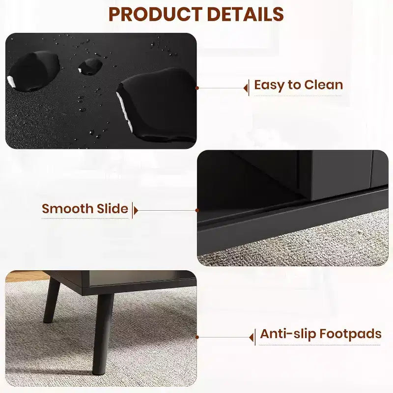 39.4 Boho Rattan Coffee Table, Modern Wooden Living Room Table with Sliding Door & Open Storage Shelf, Anti-Slip Footpads