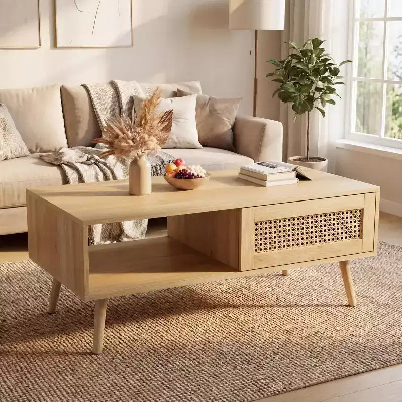 39.4 Boho Rattan Coffee Table, Modern Wooden Living Room Table with Sliding Door & Open Storage Shelf, Anti-Slip Footpads