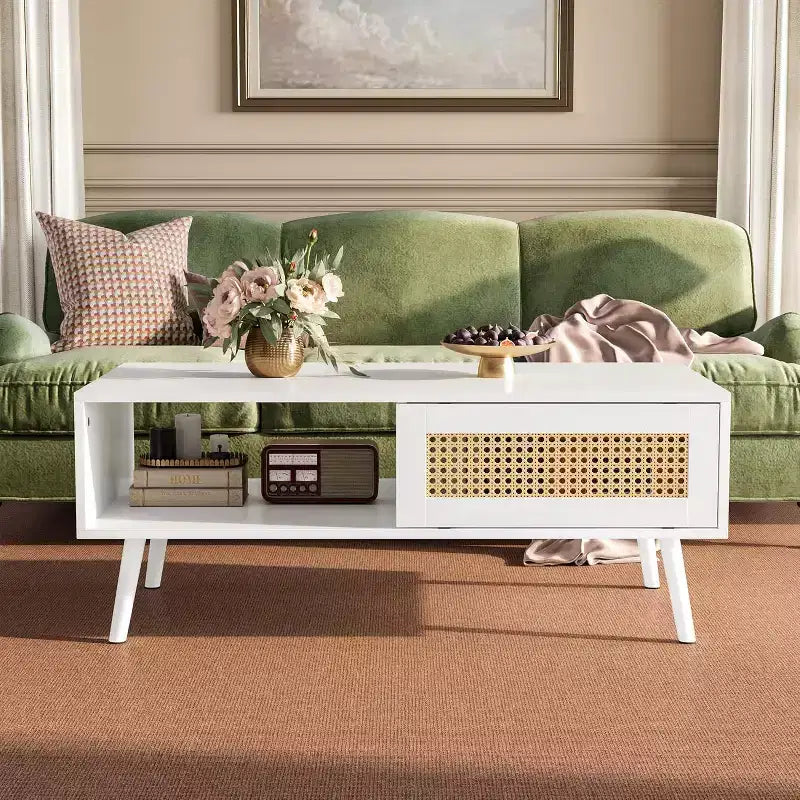 39.4 Boho Rattan Coffee Table, Modern Wooden Living Room Table with Sliding Door & Open Storage Shelf, Anti-Slip Footpads