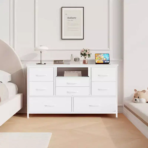 8-Drawer Dresser TV Stand with Power Outlets & RGB LED Lighting, White Leather, Wood Top, Fits 55 TV, Deep Fabric Drawers, for Bedroom/Living Room