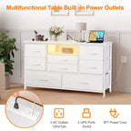8-Drawer Dresser TV Stand with Power Outlets & RGB LED Lighting, White Leather, Wood Top, Fits 55 TV, Deep Fabric Drawers, for Bedroom/Living Room