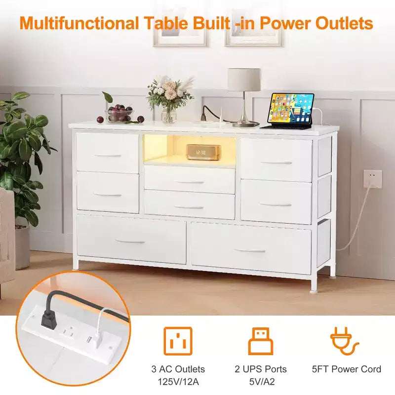 8-Drawer Dresser TV Stand with Power Outlets & RGB LED Lighting, White Leather, Wood Top, Fits 55 TV, Deep Fabric Drawers, for Bedroom/Living Room