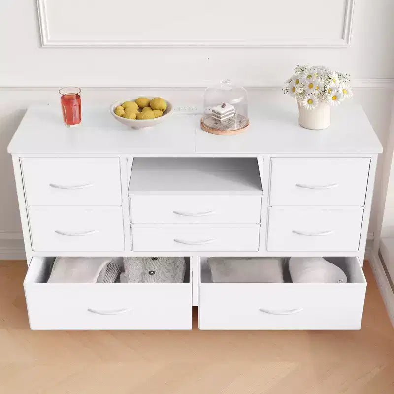 8-Drawer Dresser TV Stand with Power Outlets & RGB LED Lighting, White Leather, Wood Top, Fits 55 TV, Deep Fabric Drawers, for Bedroom/Living Room