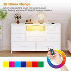 8-Drawer Dresser TV Stand with Power Outlets & RGB LED Lighting, White Leather, Wood Top, Fits 55 TV, Deep Fabric Drawers, for Bedroom/Living Room