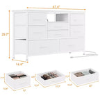 8-Drawer Dresser TV Stand with Power Outlets & RGB LED Lighting, White Leather, Wood Top, Fits 55 TV, Deep Fabric Drawers, for Bedroom/Living Room
