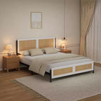 Queen Size Boho Rattan Bed Frame, Natural Rattan Headboard & Footboard, Metal Slats, Underbed Storage, Noise-Free, No Box Spring Needed