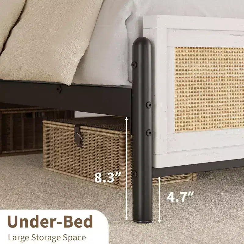 Queen Size Boho Rattan Bed Frame, Natural Rattan Headboard & Footboard, Metal Slats, Underbed Storage, Noise-Free, No Box Spring Needed