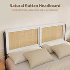 Queen Size Boho Rattan Bed Frame, Natural Rattan Headboard & Footboard, Metal Slats, Underbed Storage, Noise-Free, No Box Spring Needed