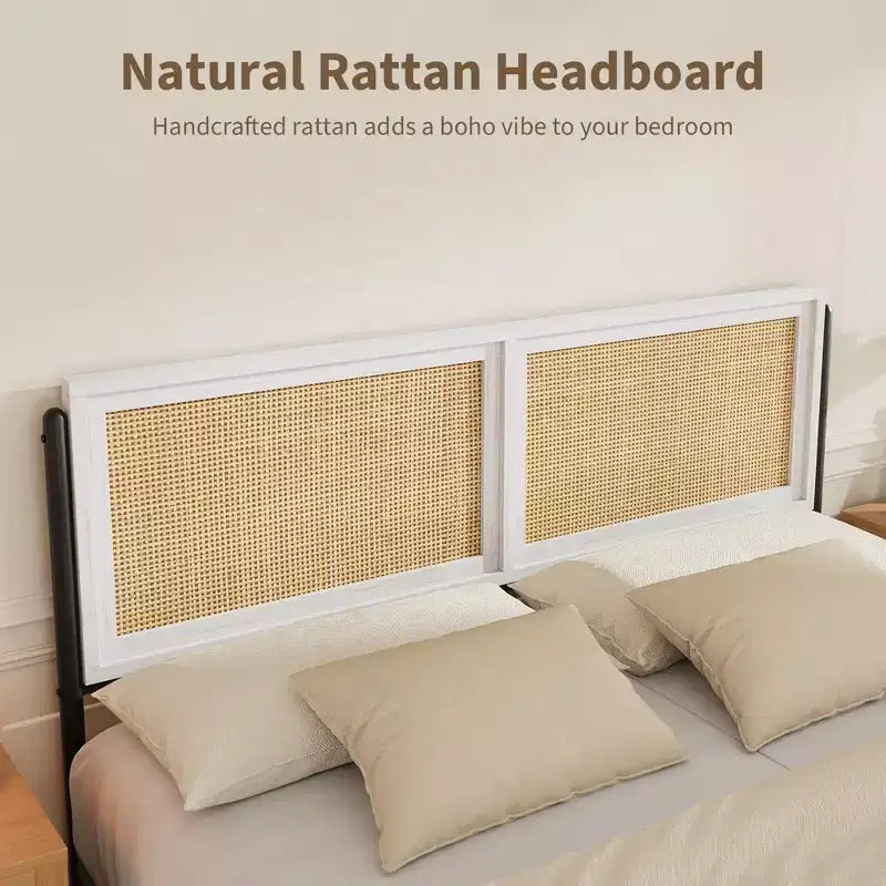 Queen Size Boho Rattan Bed Frame, Natural Rattan Headboard & Footboard, Metal Slats, Underbed Storage, Noise-Free, No Box Spring Needed