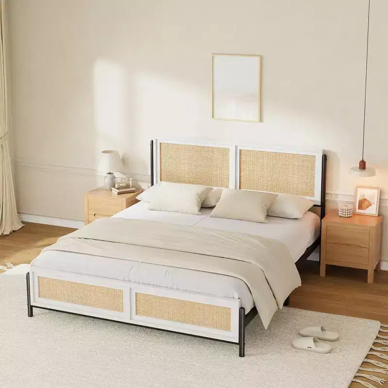 Queen Size Boho Rattan Bed Frame, Natural Rattan Headboard & Footboard, Metal Slats, Underbed Storage, Noise-Free, No Box Spring Needed