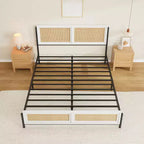 Queen Size Boho Rattan Bed Frame, Natural Rattan Headboard & Footboard, Metal Slats, Underbed Storage, Noise-Free, No Box Spring Needed