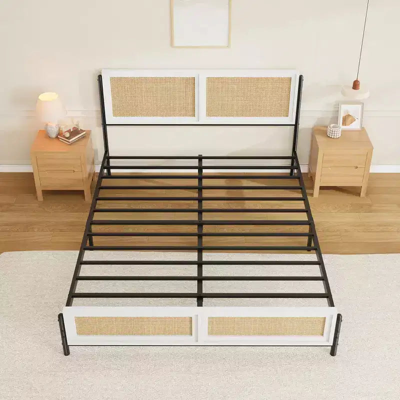 Queen Size Boho Rattan Bed Frame, Natural Rattan Headboard & Footboard, Metal Slats, Underbed Storage, Noise-Free, No Box Spring Needed