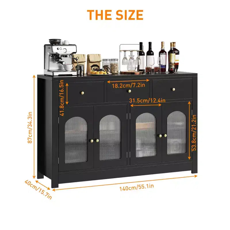 55 Buffet Cabinet Sideboard, Modern Coffee Bar with Arched Acrylic Fluted Doors, 3 Drawers & Adjustable Shelves for Dining & Living Room,Black