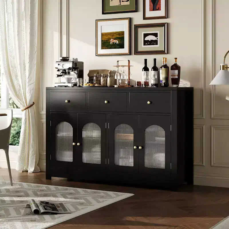 55 Buffet Cabinet Sideboard, Modern Coffee Bar with Arched Acrylic Fluted Doors, 3 Drawers & Adjustable Shelves for Dining & Living Room,Black