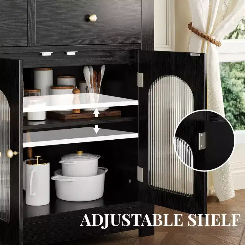 55 Buffet Cabinet Sideboard, Modern Coffee Bar with Arched Acrylic Fluted Doors, 3 Drawers & Adjustable Shelves for Dining & Living Room,Black