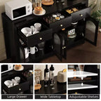 55 Buffet Cabinet Sideboard, Modern Coffee Bar with Arched Acrylic Fluted Doors, 3 Drawers & Adjustable Shelves for Dining & Living Room,Black