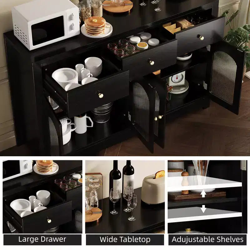 55 Buffet Cabinet Sideboard, Modern Coffee Bar with Arched Acrylic Fluted Doors, 3 Drawers & Adjustable Shelves for Dining & Living Room,Black