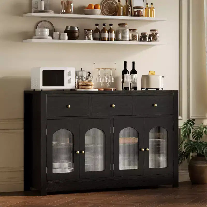 55 Buffet Cabinet Sideboard, Modern Coffee Bar with Arched Acrylic Fluted Doors, 3 Drawers & Adjustable Shelves for Dining & Living Room,Black